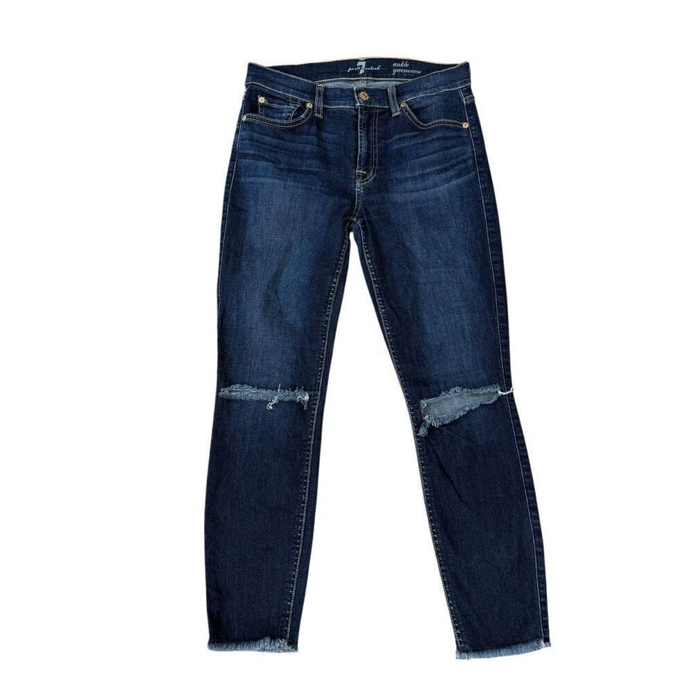 7 For All Mankind Ankle Gwenevere Skinny Jeans distressed knees raw hem size 28